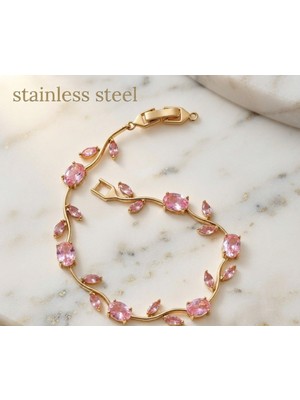 Stainless Steel Gold Renk Pembe Zirkon Taşlı Lale Çelik Bileklik