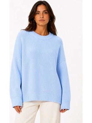 Vadon 1039 Kadın Salaş Yumuşak Dokulu Oversize Basic Triko Kazak Bebe Mavi