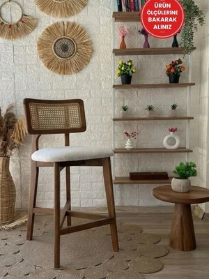 Silla Zion Bar Sandalyesi Teddy Krem Kumaş Hasırlı Ceviz Ahşap Ada Sandalye