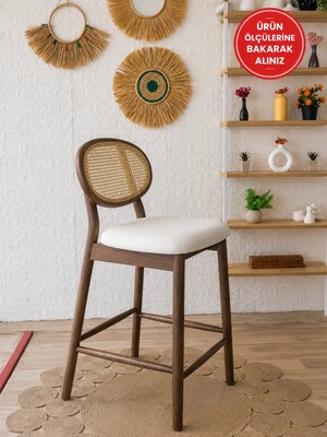 Silla Oslo Bar Sandalyesi Teddy Krem Kumaş Hasırlı Ceviz Ahşap Ada Sandalye