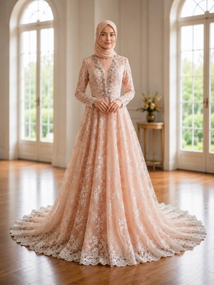 Gülcan Butik 🌸 Pudra Güpür Dantel Tesettür Nişan Elbisesi