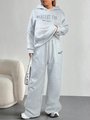 Macklin Unisex Kadın Erkek Healty For Yazı Baskılı Oversize 3 Iplik Kapüşonlu Hoodie ve Baggy Eşofman Altı