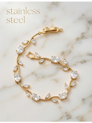 Stainless Steel Gold Renk Beyaz Zirkon Taşlı Lale Çelik Bileklik