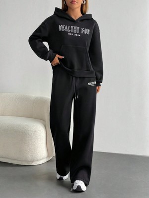 Macklin Unisex Kadın Erkek Healty For Yazı Baskılı Oversize 3 Iplik Kapüşonlu Hoodie ve Baggy Eşofman Altı