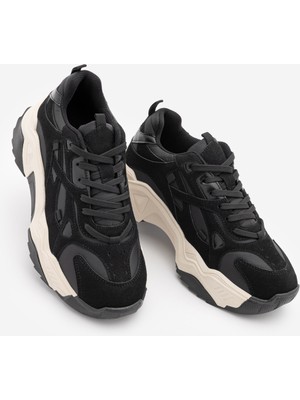 Marjin Kadın Sneaker Kalın Taban Bağcıklı Spor Ayakkabı Pizen Siyah