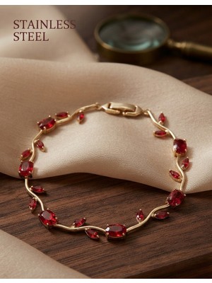 Stainless Steel Gold Renk Bordo Zirkon Taşlı Lale Çelik Bileklik
