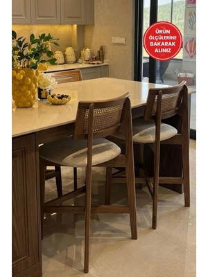 Silla 2'li Zion Bar Sandalyesi Teddy Krem Kumaş Hasırlı Ceviz Ahşap Ada Sandalyesi (2 Adet)