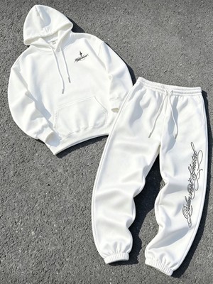 Macklin Unisex Kadın Erkek Gothıc Letter Yazı Baskılı Oversize 3 Iplik Kapüşonlu Hoodie ve Jogger Eşofman Altı