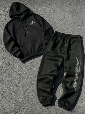 Macklin Unisex Kadın Erkek Gothıc Letter Yazı Baskılı Oversize 3 Iplik Kapüşonlu Hoodie ve Jogger Eşofman Altı