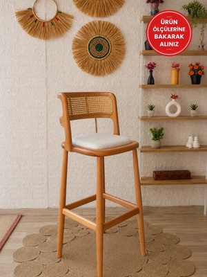 Silla Odin Bar Sandalyesi Teddy Krem Kumaş Hasırlı Naturel Ahşap Ada Sandalyesi