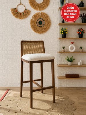 Silla Ross Bar Sandalyesi Teddy Krem Kumaş Hasırlı Ceviz Ahşap Ada Sandalye