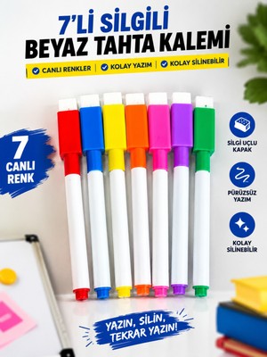 Bak Gel Al 7'li Silgili Beyaz Tahta Kalemi | Akrilik Çizim Panosu Uyumlu Renkli Set