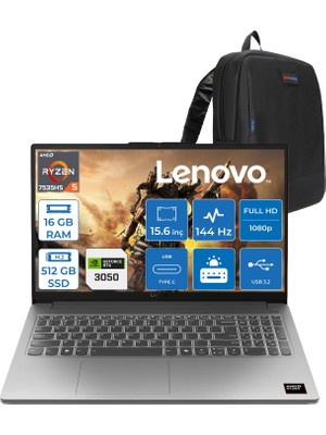 Lenovo Loqe Ryzen 5 7535HS 16GB Ddr5 512GB SSD Windows 11 Home 6GB/RTX3050/65W 15.6" Fhd IPS 300NITS 100% Srgb 144Hz Oyuncu Bilgisayarı 83S0002VTRH01 + Zetta Çanta