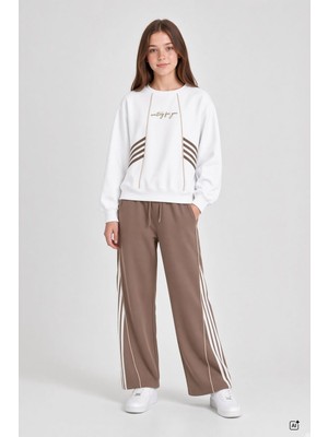 Cansın Mini Kahverengi Kız Çocuk Şeritli Sweatshirt Geniş Paça Eşofman Takımı  24682