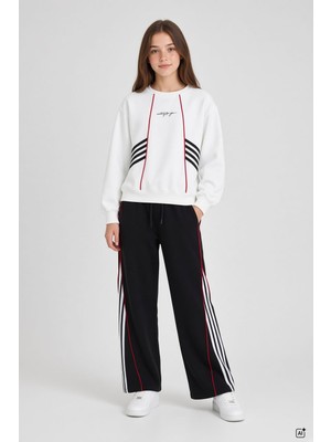 Cansın Mini Siyah Kız Çocuk Şeritli Sweatshirt Geniş Paça Eşofman Takımı  24680