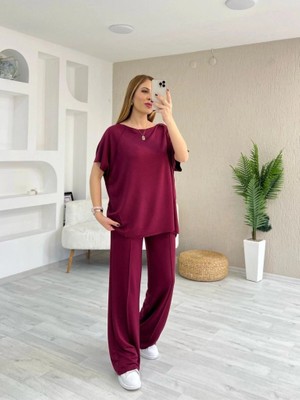 Lune Store Kadın Kısa Kollu Kayık Yakalı Dikiş Izi Detaylı Viskon Iki Iplik Bluz ve Pantolon Ikili Takım