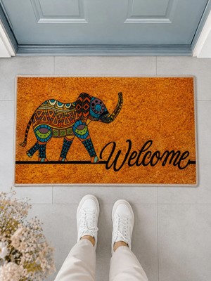 Suare Concept Etnik Fil Desenli Welcome Kapı Önü Paspası 40X60 cm - Yıkanabilir Kaymaz Taban Paspas