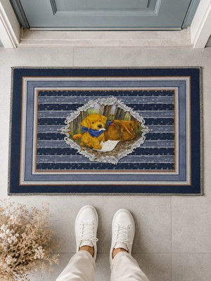 Suare Concept Vintage Sevimli Köpek Figürlü Lacivert Çerçeveli Kapı Önü Paspası 40X60 cm - Yıkanabilir Kaymaz Taban Paspas