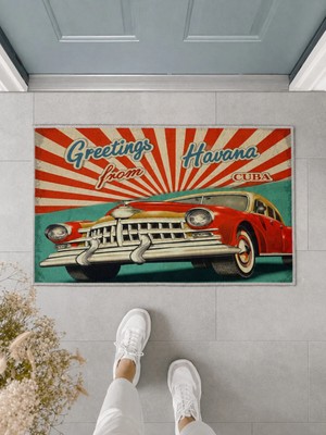 Suare Concept Retro Klasik Araba Desenli Havana Cuba Kapı Önü Paspası 40X60 cm - Yıkanabilir Kaymaz Taban Paspas