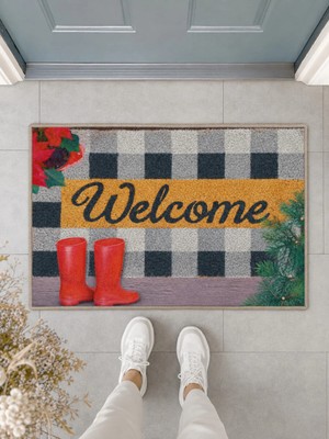 Suare Concept Welcome Yazılı Kırmızı Çizmeli Ekose Kapı Önü Paspası 40X60 cm - Yıkanabilir Kaymaz Taban Paspas