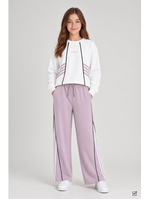 Cansın Mini Pembe Kız Çocuk Şeritli Sweatshirt Geniş Paça Eşofman Takımı  24681