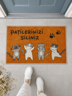 Suare Concept Patilerinizi Siliniz Yazılı Kedi Figürlü Kapı Önü Paspası 40X60 cm - Yıkanabilir Kaymaz Taban Paspas