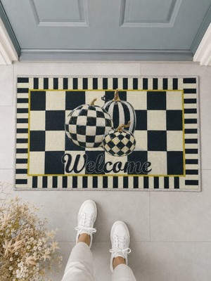 Suare Concept Siyah Beyaz Dama Desenli Balkabaklı Welcome Kapı Önü Paspası 40X60 cm - Yıkanabilir Kaymaz Taban Paspas