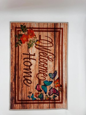 Suare Concept Ahşap Desenli Çiçekli ve Kelebekli Welcome Home Kapı Önü Paspası 40X60 cm - Yıkanabilir Kaymaz Taban Paspas