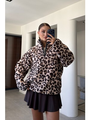 Magarde Premium Leopar Desenli Polar- Kahverengi