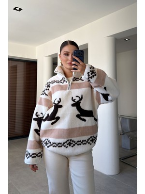 Magarde Premium Geyik Desenli Polar- Vizon