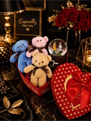 Kesene Sevgiliye Romantizm Dolu Şık Hediye Kalp Kutuda 3'lü Ayıcık ve Işıklı Kar Küresi Romantik Aşk Seti 