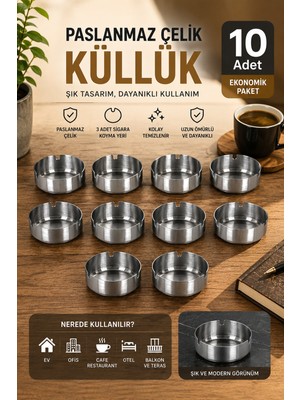 Porsima ETN-015 Küllük - Paslanmaz Çelik 10 Lu Kül Tablası - Kaliteli Küllük Seti 1,2 ml Kalınlık