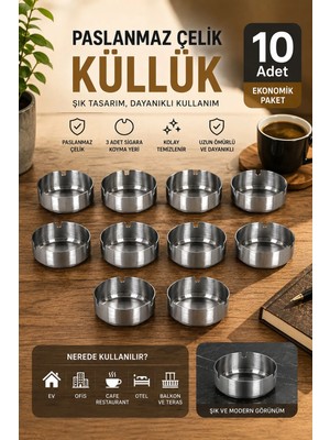 Porsima ETN-015 Küllük - Paslanmaz Çelik 10 Lu Kül Tablası - Kaliteli Küllük Seti 1,2 ml Kalınlık