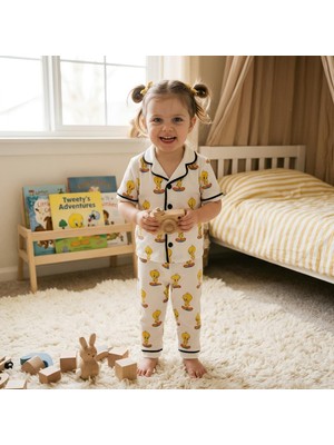Modanua Official Modanua Unisex Tweety Baskılı Düğmeli Kısa Kol Çocuk Pijama Takımı - Beyaz