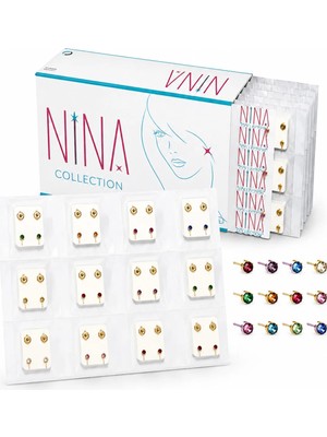 Nina Kulak Delme Küpesi 24 Adet 12 Çift Steril Sarı 24 Ayar Altın Kaplama
