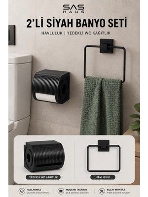 Sas Haus Siyah 2’li Banyo Seti – Kare Havluluk ve Yedek Hazneli Tuvalet Kağıtlığı Wc Kağıtlık