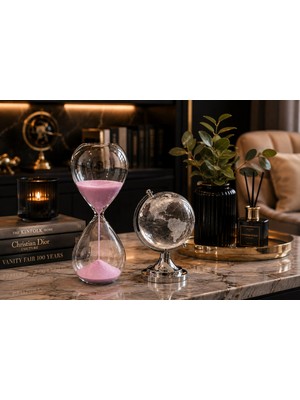 Kesene Premium Hediye Masaüstü Ofis Dekoru Cam Kum Saati ve Cam Dünya Küre Seti Kum Saati 15 Dakika Pembe