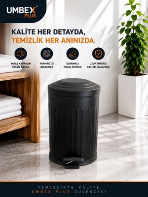 Umbex Plus 5 Lt Vıntage Amortisörlü Siyah Renk Yavaş Kapanır Çöp Kovası Banyo ve Mutfaklarınızda Kullanıma Uygun  Iç Kovalı