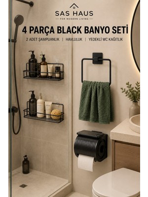 Sas Haus 4 Parça Siyah Yapışkanlı Banyo Aksesuar Seti – 2’li Duş Rafı + Solo Havluluk + Yedekli Tuvalet Kağıtlığı