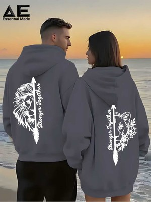 Macklin Sevgili - Arkadaş Çift Kombini Aslan Sırt Baskılı Özel Tasarım Kapüşonlu Sweatshirt 2li Takım