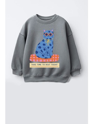 Monila Kız Çocuk 3 Iplik Kumaş Pamuklu Mavi Kedi Baskılı Sweatshirt