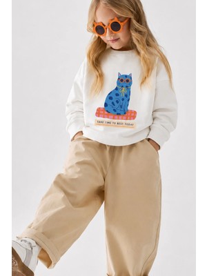 Monila Kız Çocuk 3 Iplik Kumaş Pamuklu Mavi Kedi Baskılı Sweatshirt