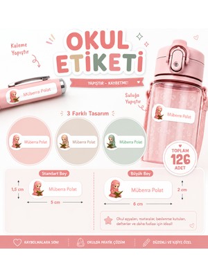 Vuud Kişiye Özel Pastel Mat Renkli Okul Etiketi Seti - 126 Adet - Islami Kız Çocuk Serisi Isim Etiketi (Kalem, Defter)