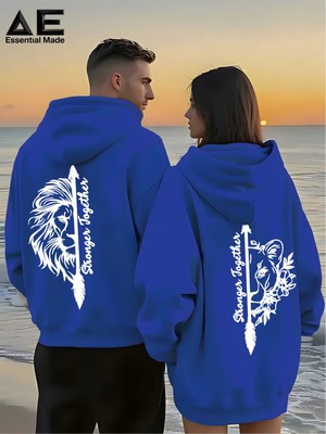 Macklin Sevgili - Arkadaş Çift Kombini Aslan Sırt Baskılı Özel Tasarım Kapüşonlu Sweatshirt 2li Takım