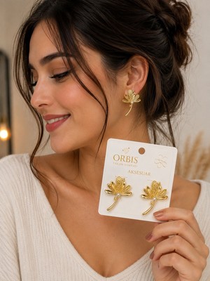 Orbis Tarzın Dünyası Yaprak Küpe Inci Detay Gold