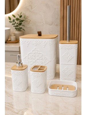 Makri Home Doğal Bambu Detaylı 5 Parça Banyo Seti, Beyaz, 8 Litre, 21 x 19 x 25 cm