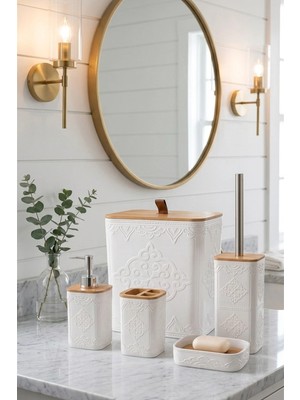 Makri Home Doğal Ahşap Detaylı 5 Parça Beyaz Banyo Seti, 21 x 19 x 25 cm