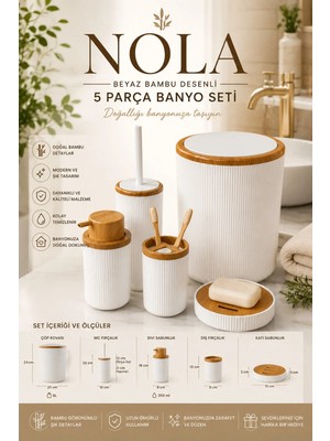 Makri Home Beyaz Bambu Desenli Nola 5 Parça Banyo Seti, 6 Litre