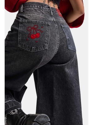 It's Basic Kadın Füme 4W6-13 Culotte Fit Kiraz Nakış Detaylı Tasarım Denim Jean