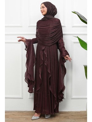 İmaj Butik Kahverengi Seyyar Pelerinli Fırfırlı Abiye